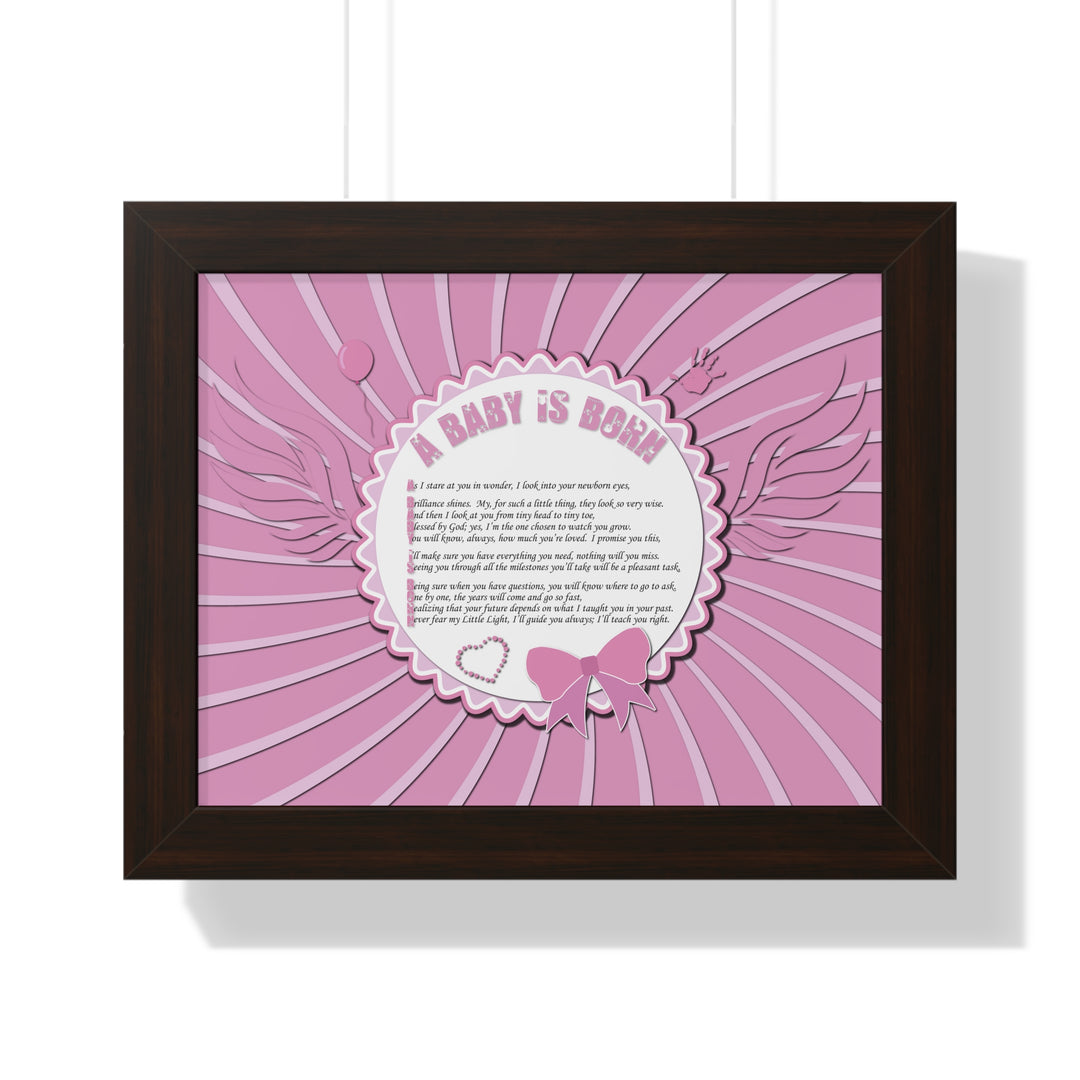 Baby Steps Acrostic Poem Framed Print "A Baby is Born" - Pink