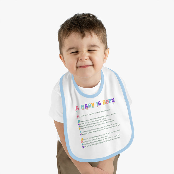 "A Baby is Born" "Baby Feet" Acrostic Poem  Contrast Trim Jersey Bib - Baby Items Font