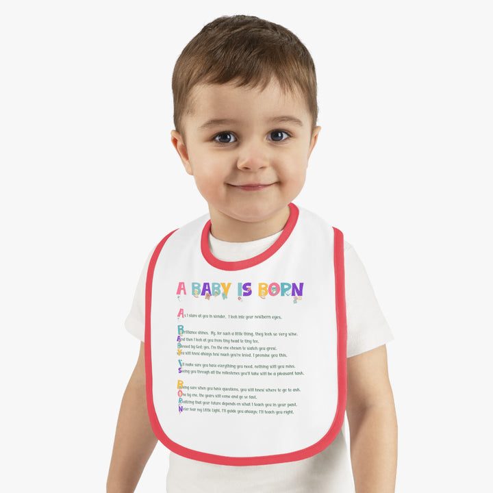 Baby Steps Acrostic Poem - Contrast Trim Jersey Bib - "A Baby is Born" Baby Items Font