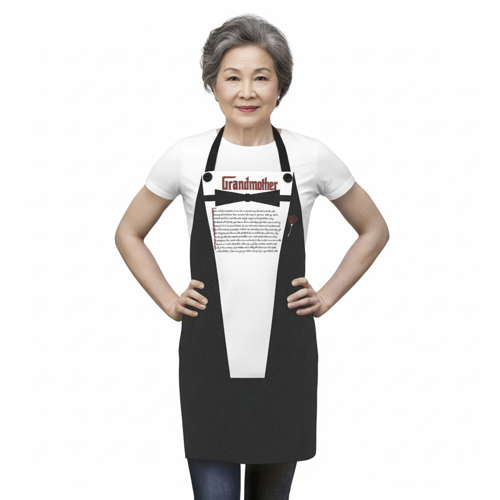 Person wearing a black apron with text and graphics on a white background