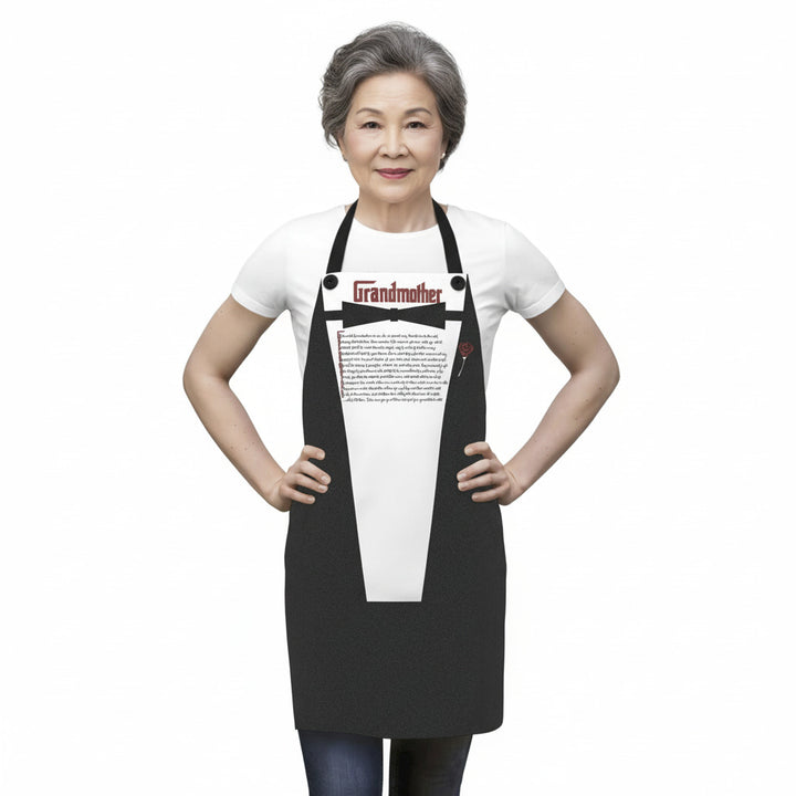 Person wearing a black apron with text and graphics on a white background