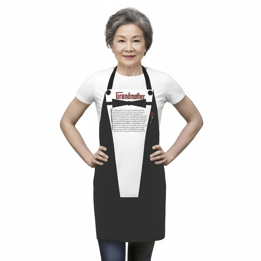 Person wearing a black apron with text and graphics on a white background