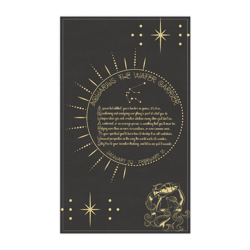 Kitchen towel with a one-sided print featuring an acrostic poem spelling out 'Aquarius', with decorative stars and a stylized graphic at the bottom.