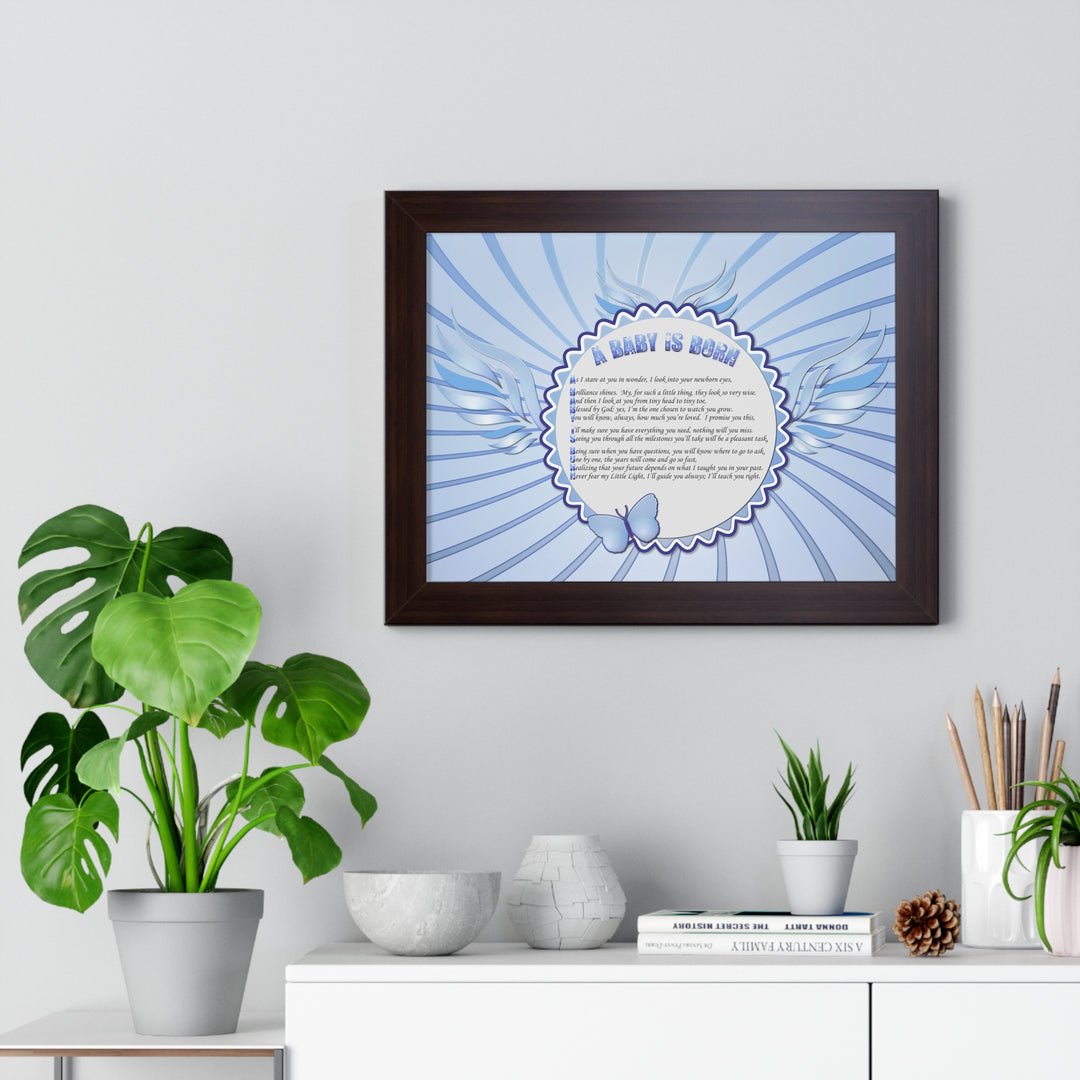 Baby Steps Acrostic Poem Framed Print "A Baby is Born "- Blue