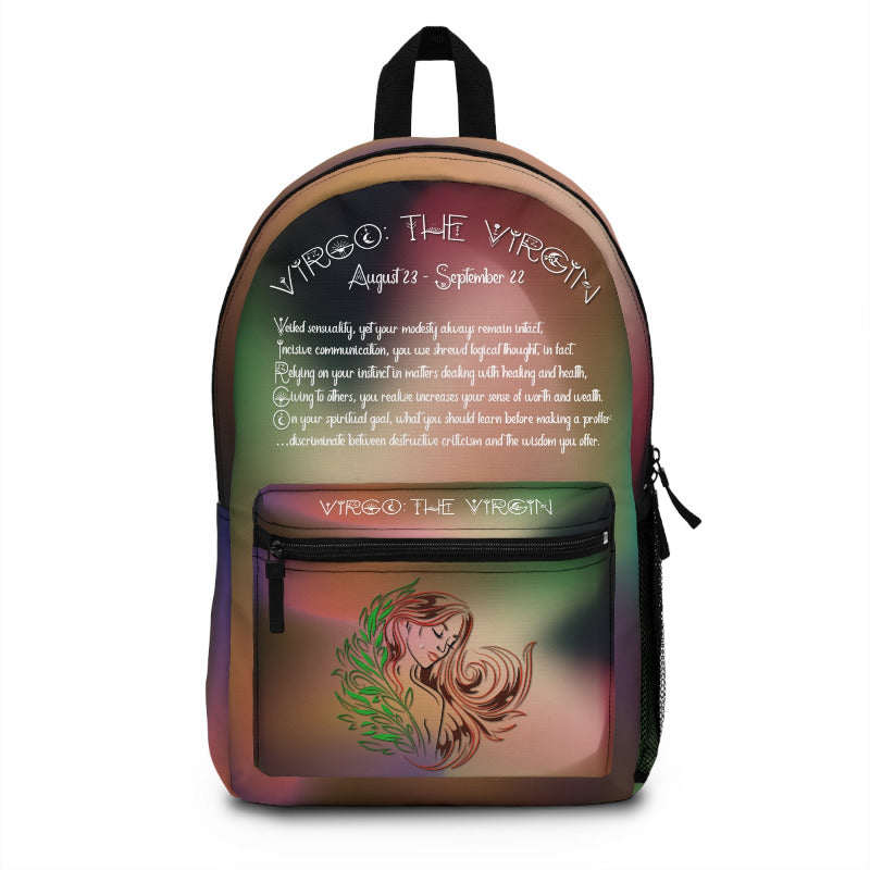 Backpack with acrostic poem spelling out Virgo with Virgo the Virgin design on a white background