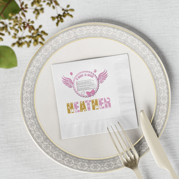 A Baby is Born Baby Shower Coined Napkins - Pink Wings - Personalized