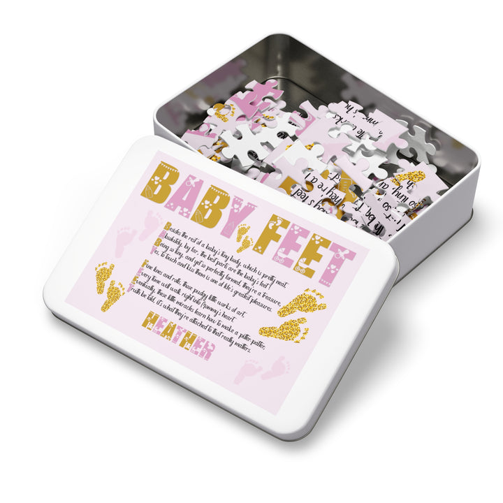 Baby Feet Acrostic Poem Puzzle - Pink and Gold - Tin Box - Personalized