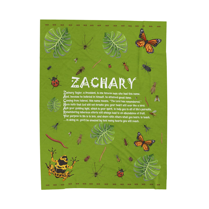 Namesakes Acrostic Poem on Black Velveteen Plush Blanket with Bug Design