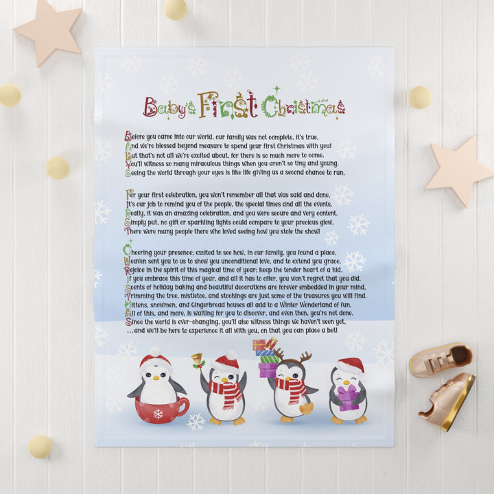 Baby's First Christmas Acrostic Poem Baby Blanket - Blue - Penguins