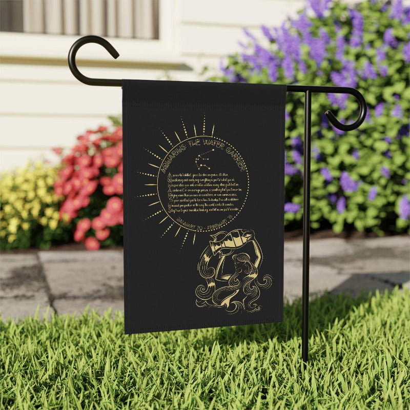 Decorative garden flag with acrostic poem spelling out Aquarius and design on a stand in front of flowers
