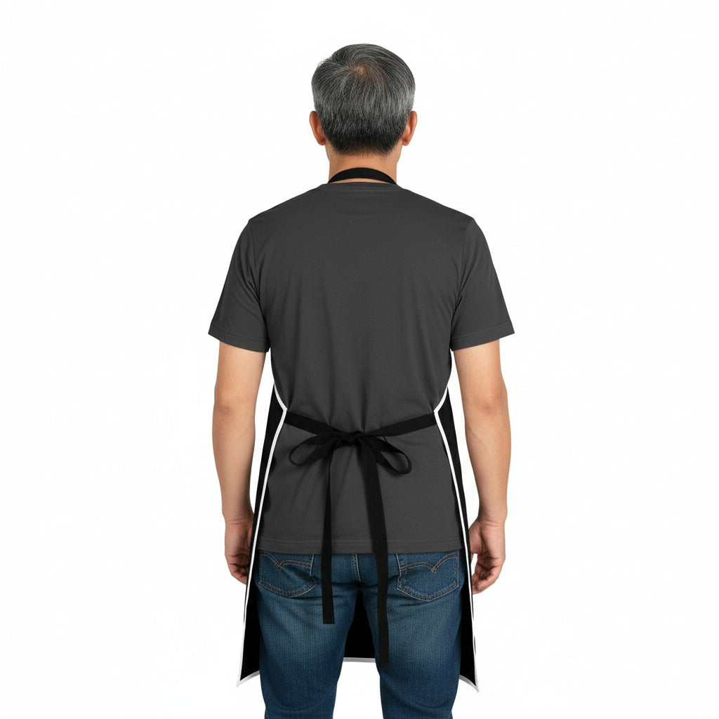 Person wearing a black apron on a white background