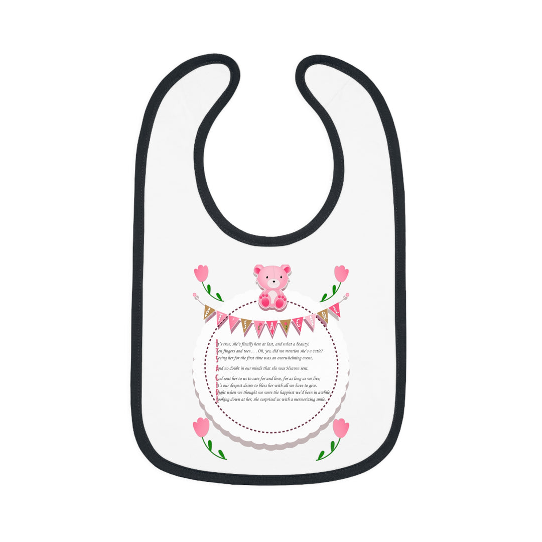 Baby Steps Acrostic Poem - Contrast Trim Jersey Bib - "It's a Girl" - Teddy Bear and Roses