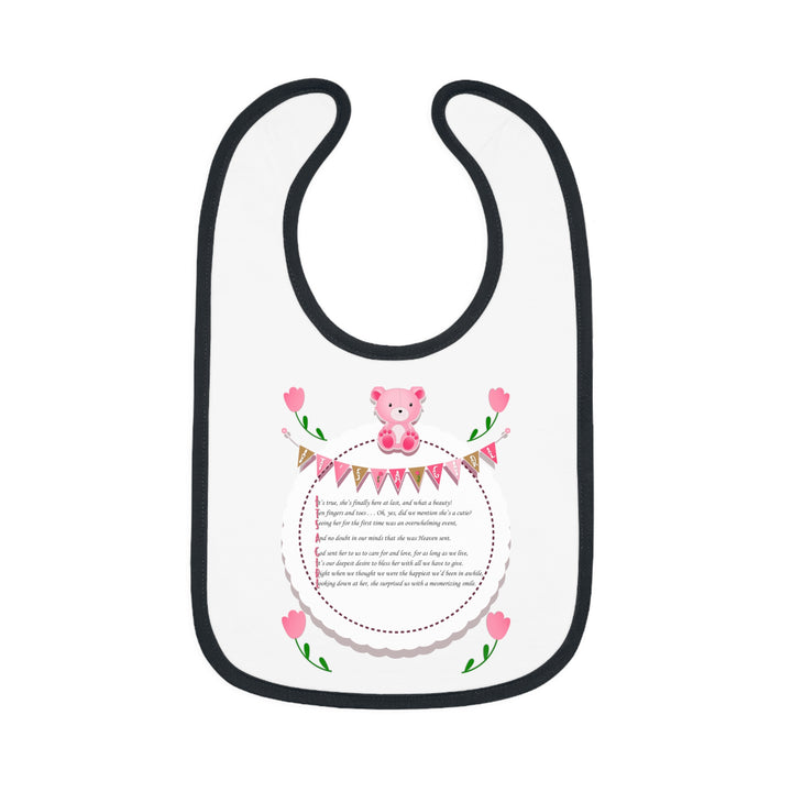 Baby Steps Acrostic Poem - Contrast Trim Jersey Bib - "It's a Girl" - Teddy Bear and Roses
