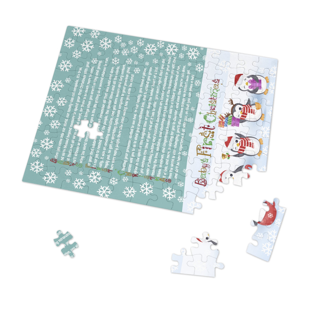 Baby's First Christmas Acrostic Poem Jigsaw Puzzle - Gingerbread - Penguins - Tin Box