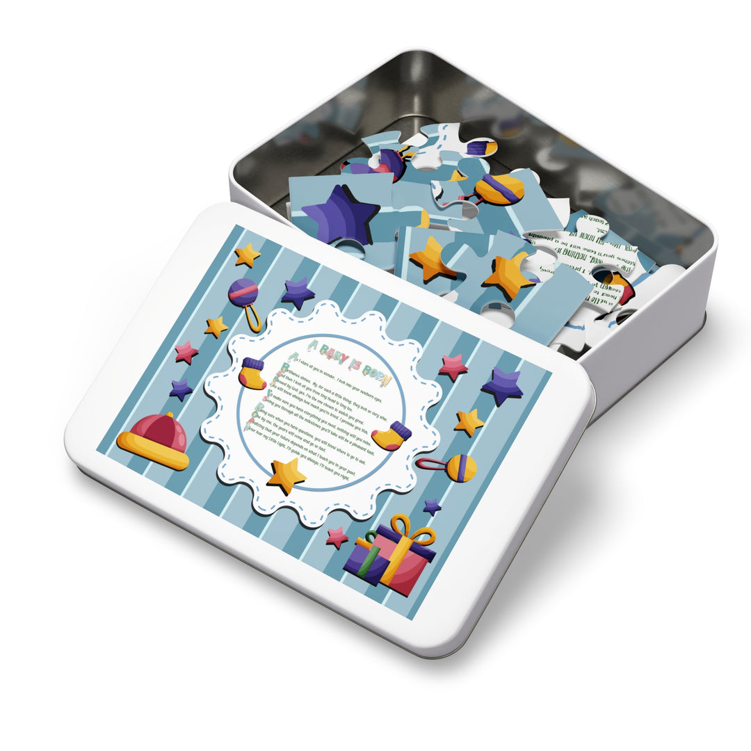 A Baby is Born Acrostic Poem Jigsaw Puzzle - Stars - Tin Box