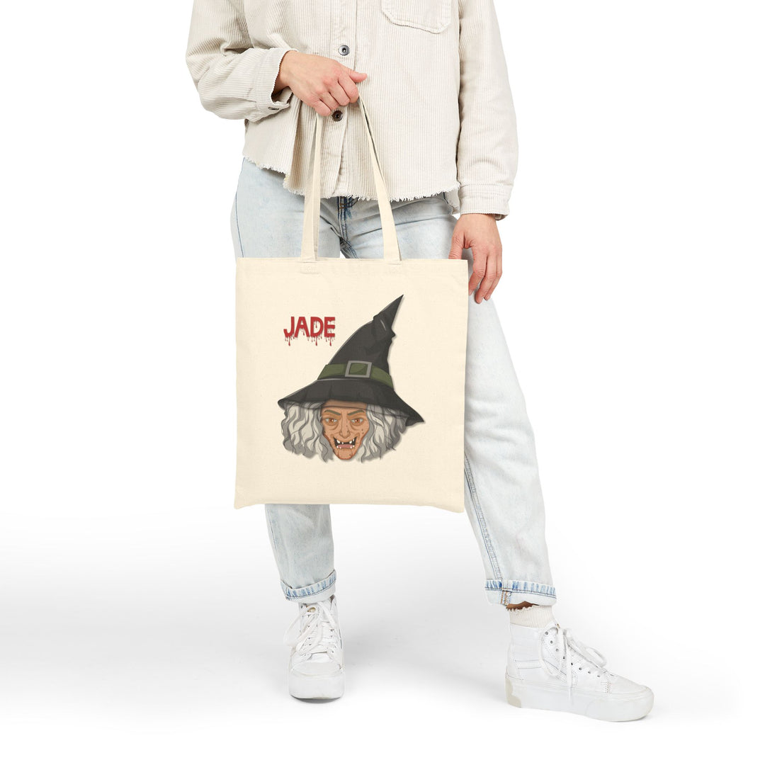 "Happy Halloween" Acrostic Poem Canvas Candy Tote Bag - Old Witch - Personalized