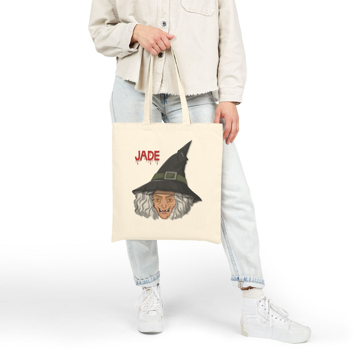 "Happy Halloween" Acrostic Poem Canvas Candy Tote Bag - Old Witch - Personalized