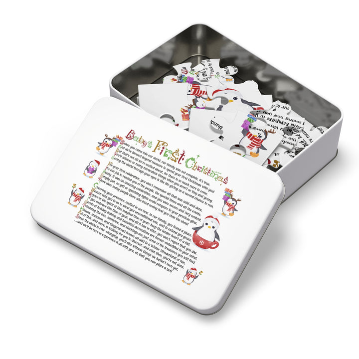 Baby's First Christmas Acrostic Poem Jigsaw Puzzle - Penguins-Christmas Items Font - Tin Box