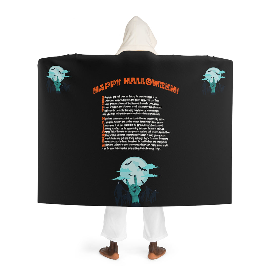 Happy Halloween Hooded Sherpa Fleece Blanket - Zombies - "Rock On" Hand - Black