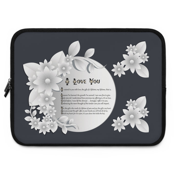 I Love You Neoprene Laptop Sleeve - Solid Black Back - White Flowers