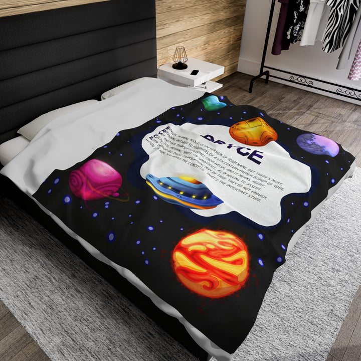 Namesakes Acrostic Poem on Black Velveteen Plush Blanket with Space Design
