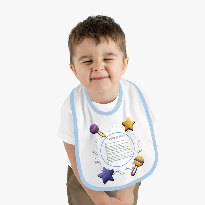 Baby Steps Acrostic Poem - Contrast Trim Jersey Bib - "A Baby is Born" - Rattles and Stars