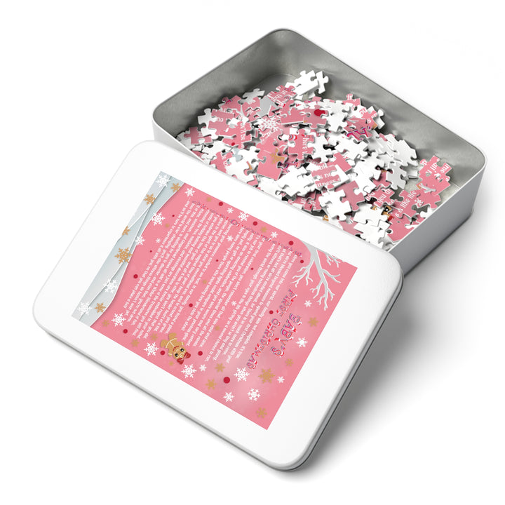Baby's First Christmas Acrostic Poem Jigsaw Puzzle - Gingerbread - Pink - Tin Box