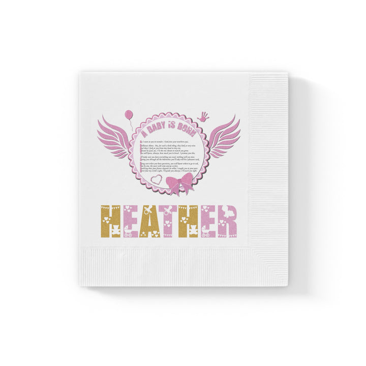 A Baby is Born Baby Shower Coined Napkins - Pink Wings - Personalized
