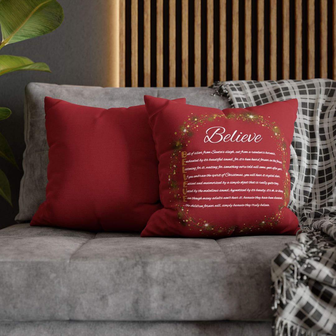 "Believe" Acrostic Poem Pillow Cover from "Learn, Lead, Believe" Collection Red