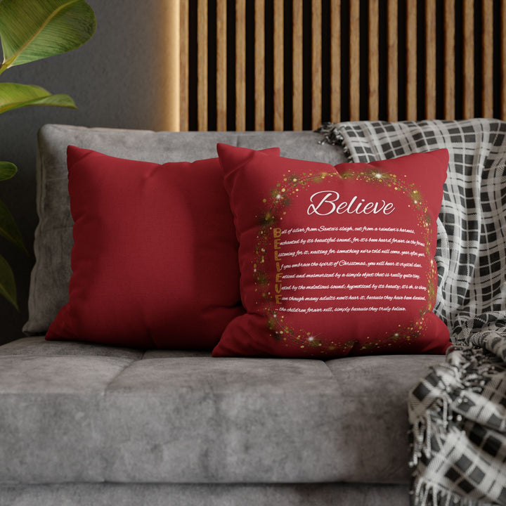"Believe" Acrostic Poem Pillow Cover from "Learn, Lead, Believe" Collection Red