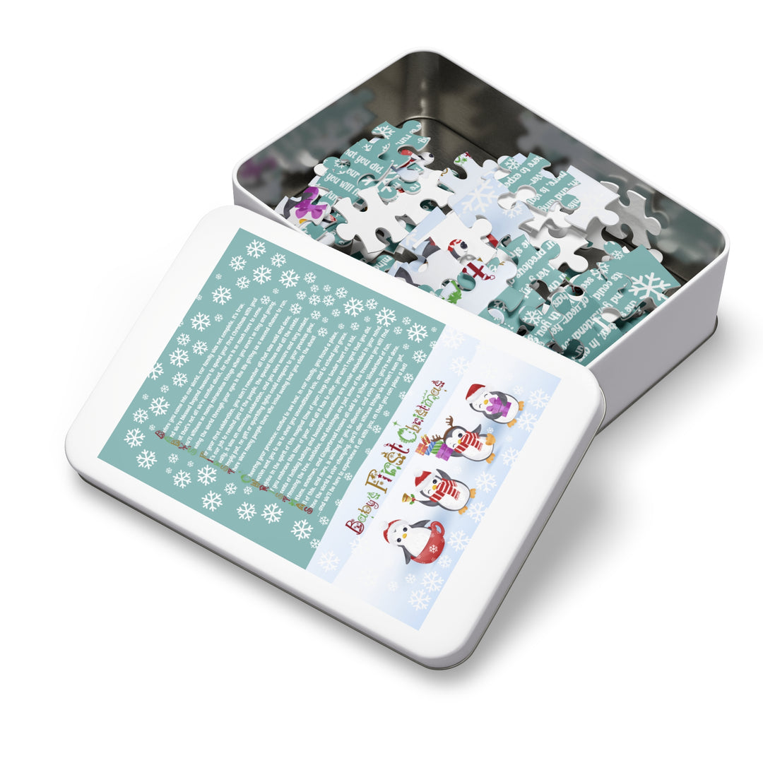 Baby's First Christmas Acrostic Poem Jigsaw Puzzle - Gingerbread - Penguins - Tin Box