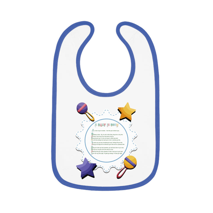 Baby Steps Acrostic Poem - Contrast Trim Jersey Bib - "A Baby is Born" - Rattles and Stars