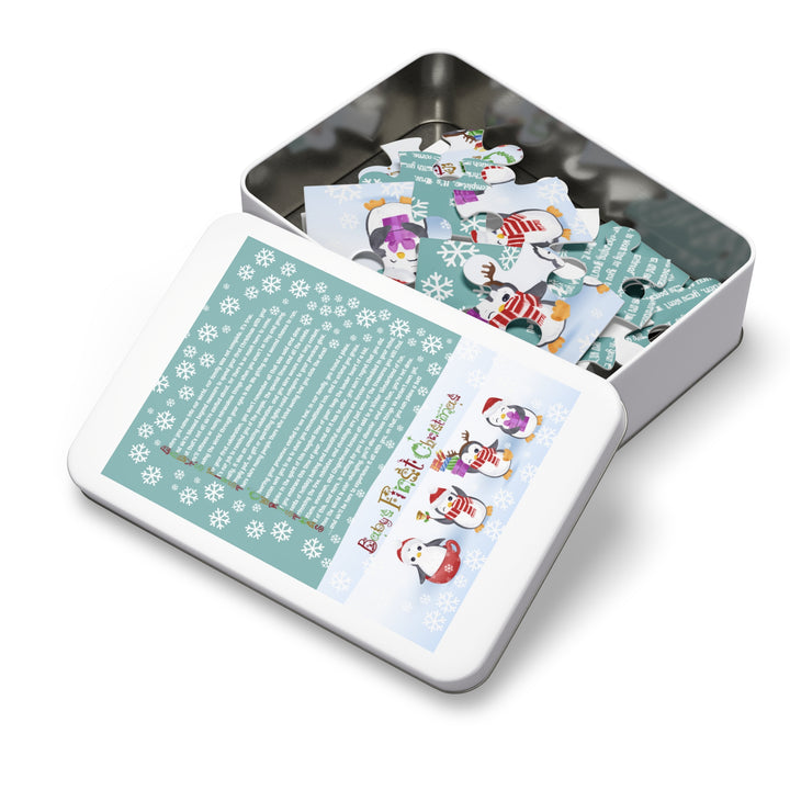 Baby's First Christmas Acrostic Poem Jigsaw Puzzle - Gingerbread - Penguins - Tin Box