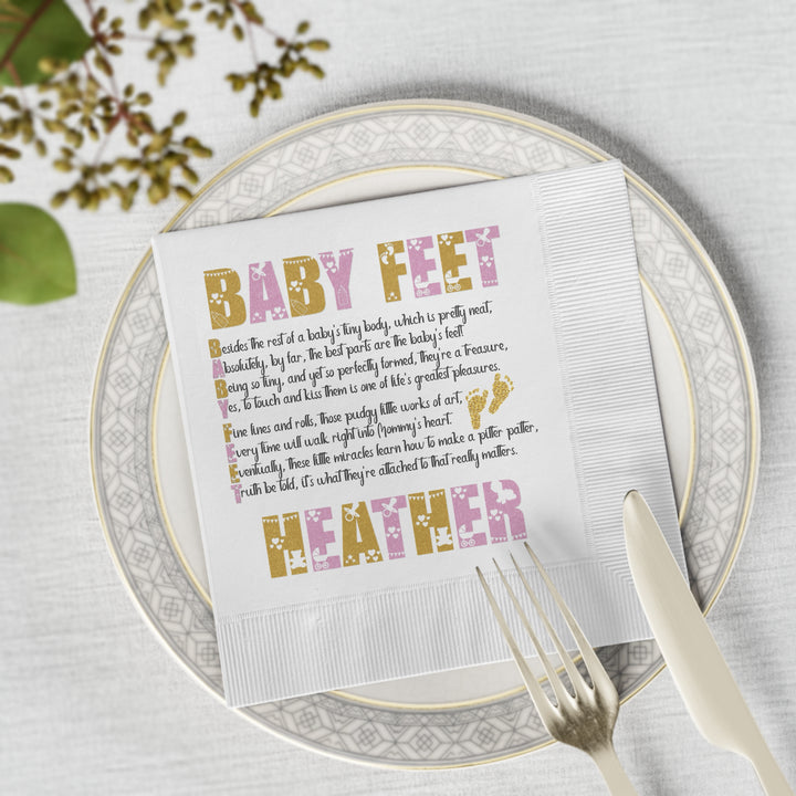 "Baby Feet" White Coined Napkins Baby Shower Napkins  - Gold-Pink- Personalized