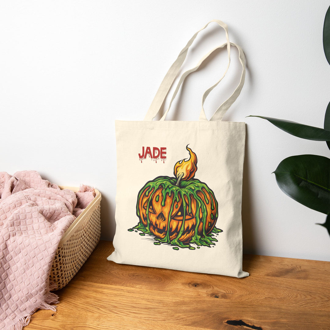 "Happy Halloween" Acrostic Poem Canvas Candy Tote Bag - Creepy Pumpkin- Personalized