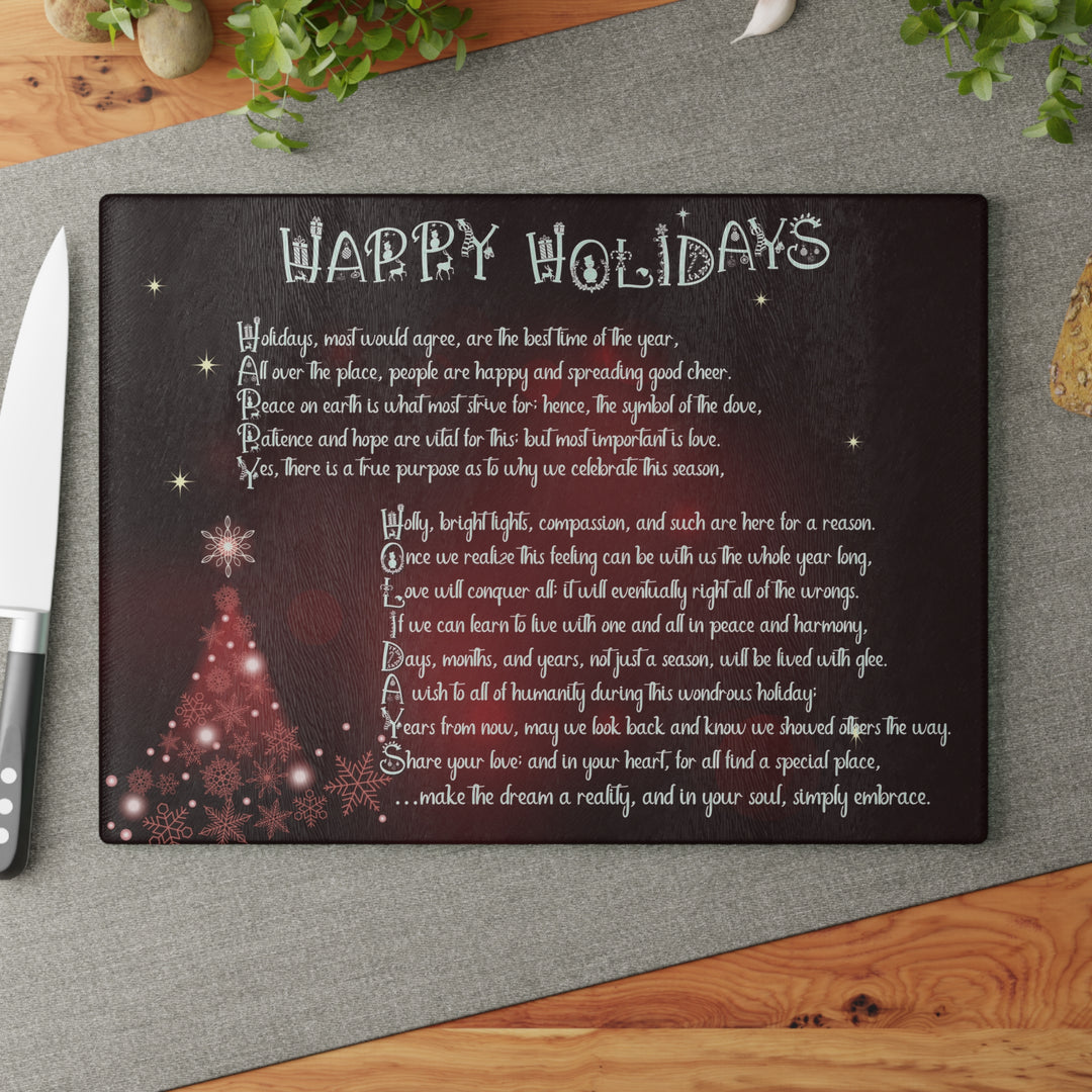 Happy Holidays Acrostic Poem Glass Cutting Board - Burgandy