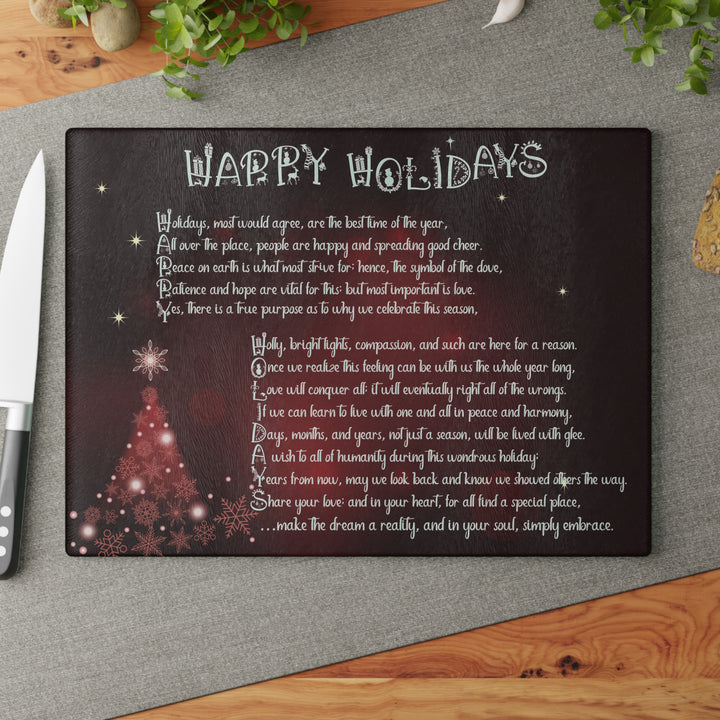 Happy Holidays Acrostic Poem Glass Cutting Board - Burgandy