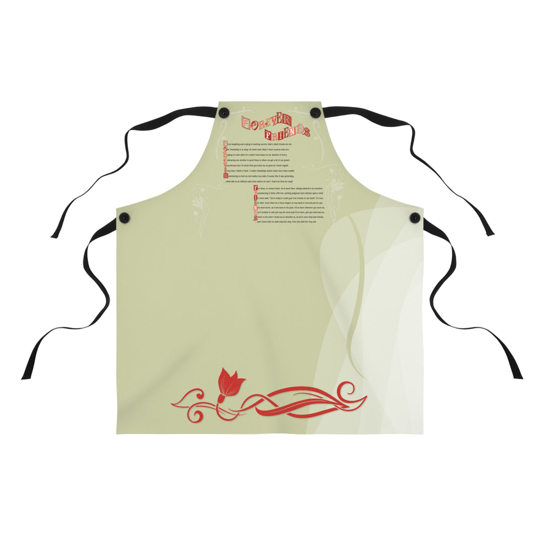 Beige apron with red designs and text on a white background