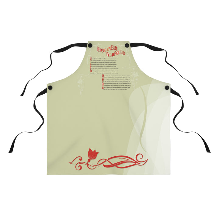 Beige apron with red designs and text on a white background