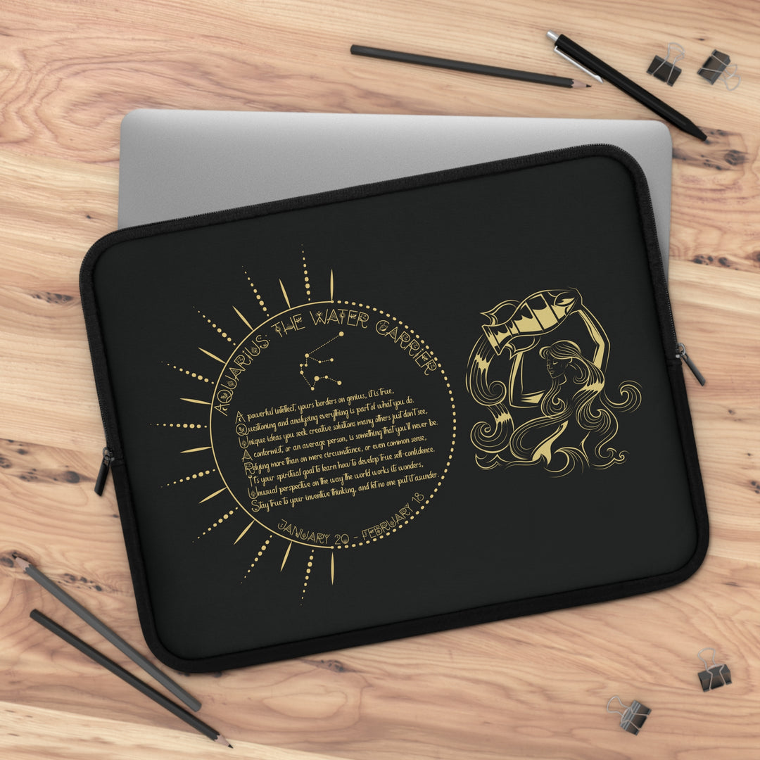 Aquarius Acrostic Poem Neoprene Laptop Sleeve - Solid Black Back