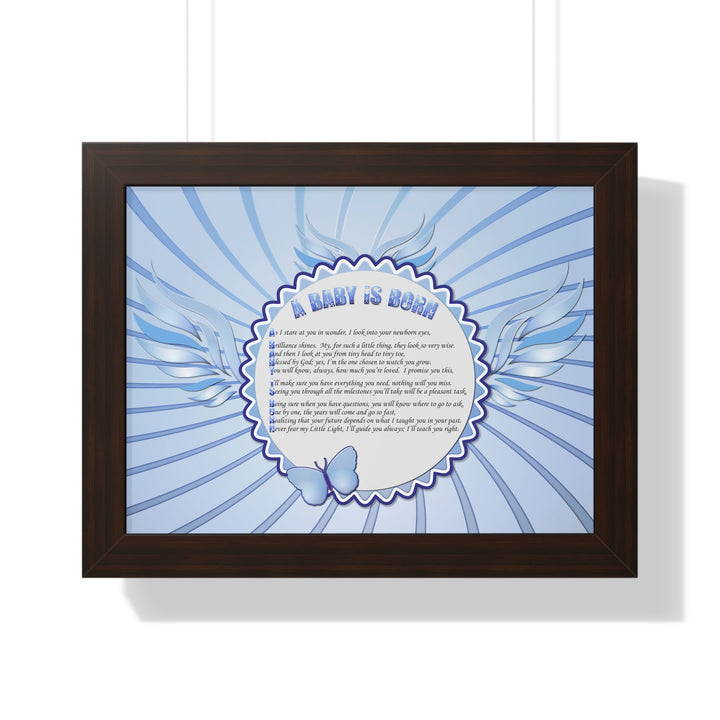 Baby Steps Acrostic Poem Framed Print "A Baby is Born "- Blue