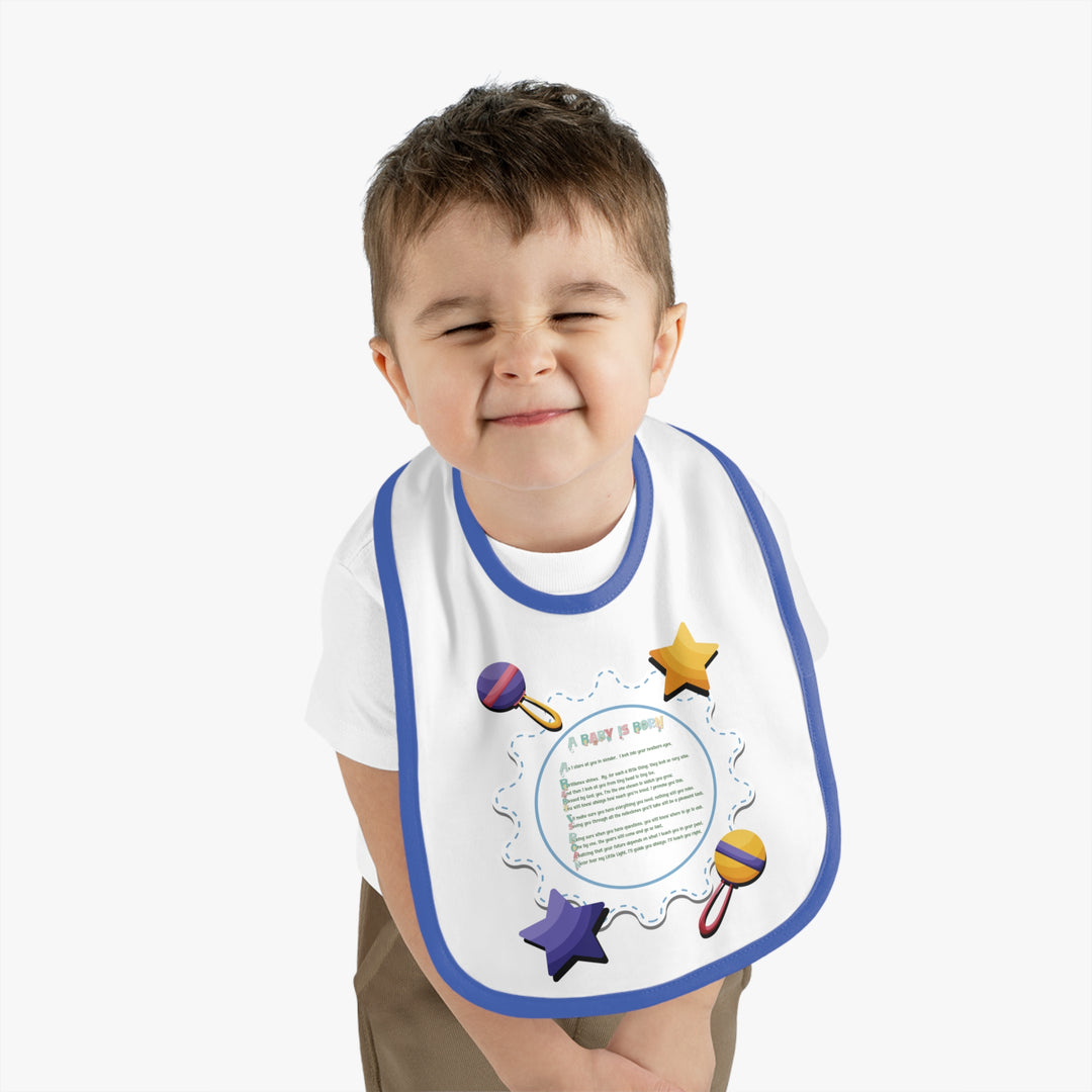 Baby Steps Acrostic Poem - Contrast Trim Jersey Bib - "A Baby is Born" - Rattles and Stars