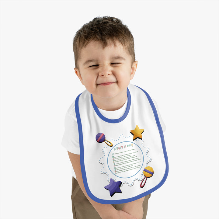Baby Steps Acrostic Poem - Contrast Trim Jersey Bib - "A Baby is Born" - Rattles and Stars