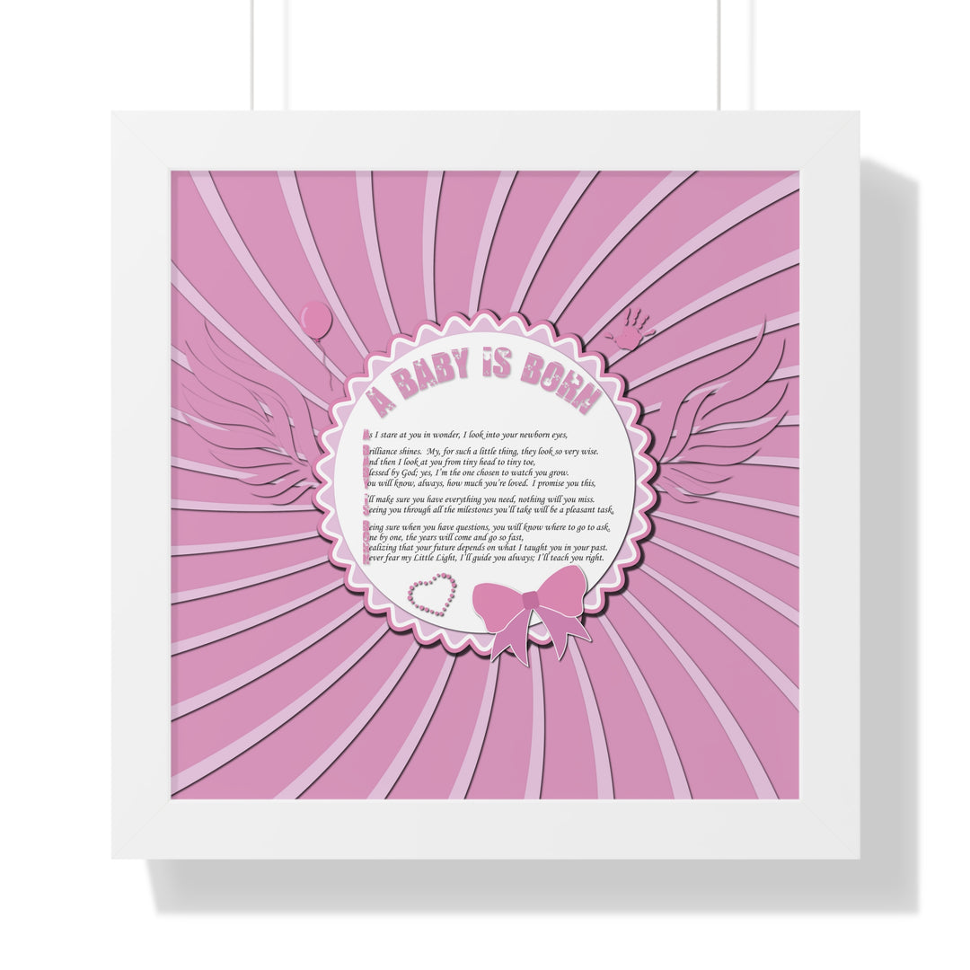 Baby Steps Acrostic Poem Framed Print "A Baby is Born" - Pink