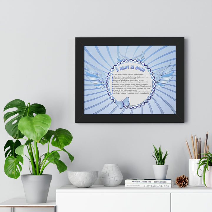 Baby Steps Acrostic Poem Framed Print "A Baby is Born "- Blue