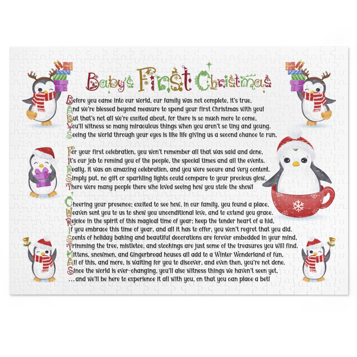 Baby's First Christmas Acrostic Poem Jigsaw Puzzle - Penguins-Christmas Items Font - Tin Box