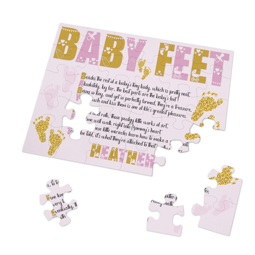 Baby Feet Acrostic Poem Puzzle - Pink and Gold - Tin Box - Personalized