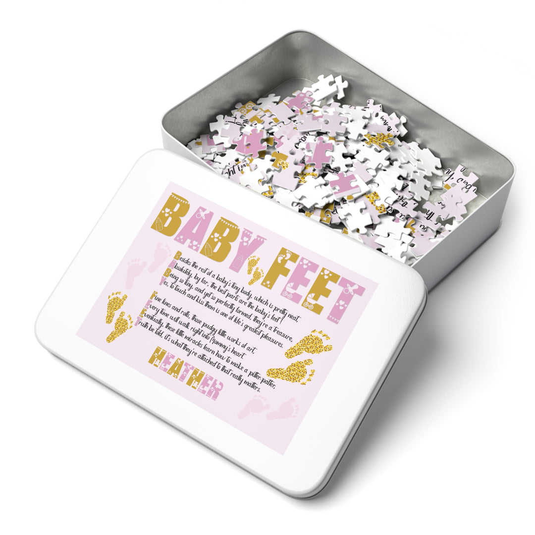 Baby Feet Acrostic Poem Puzzle - Pink and Gold - Tin Box - Personalized