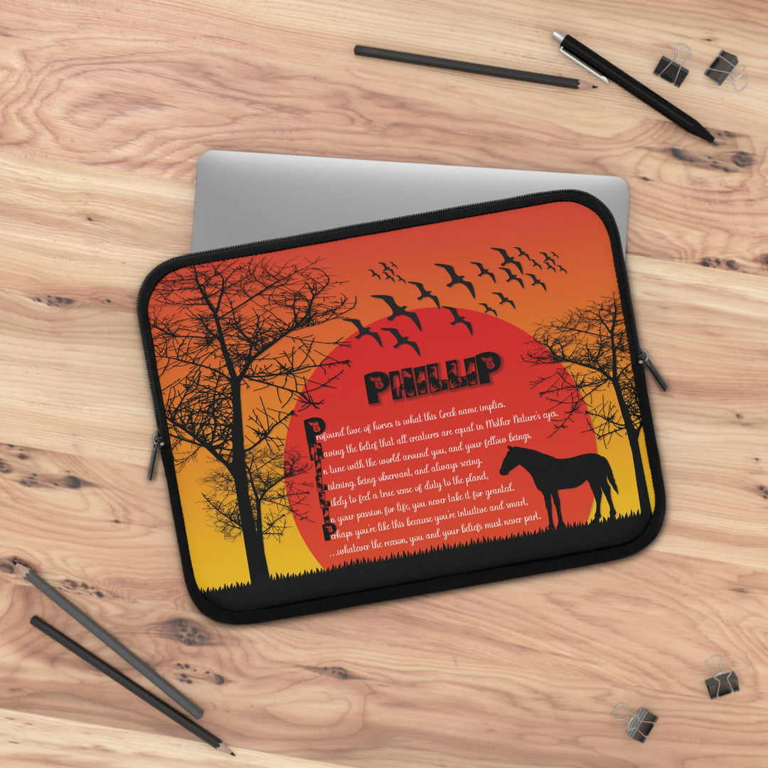Namesakes Acrostic Poem Neoprene Laptop Sleeve - Solid Black Back - Horse-Sunset