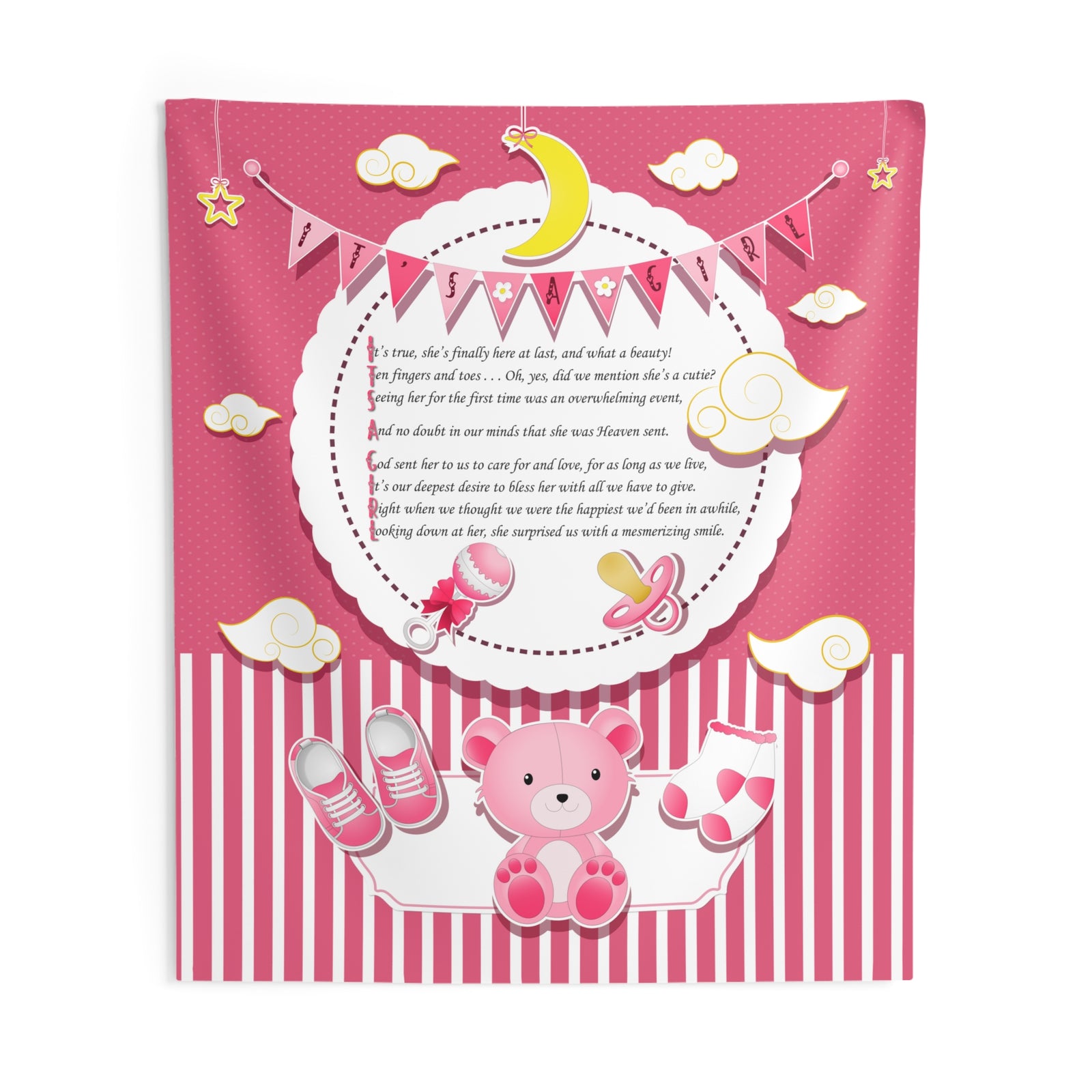 A pink and white striped baby shower backdrop featuring an acrostic poem that reads 'It's a Girl', baby items like a teddy bear and shoes, and decorative elements such as stars and clouds.